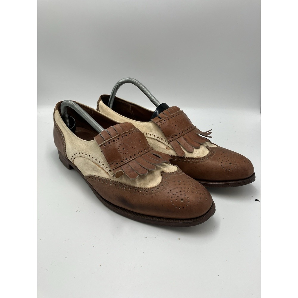 VTG Polo Ralph Lauren Bench Made Leather Shoes England Brown White‎ Size 10.5 D
